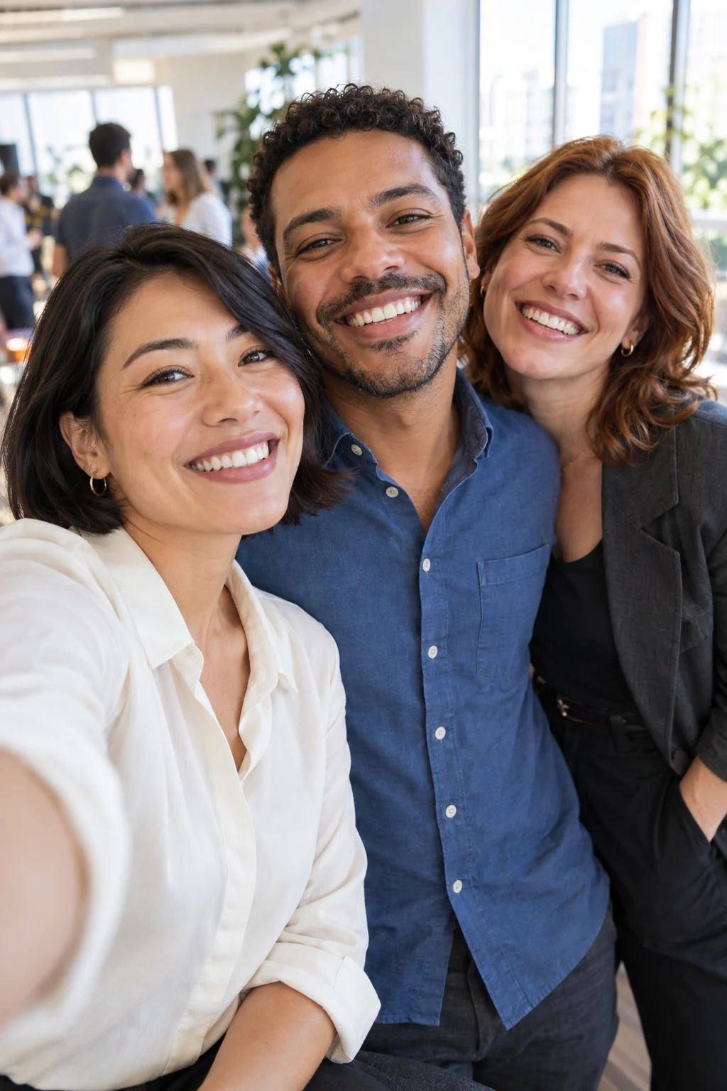 Colegas sorrindo juntos em uma selfie no encontro da equipe