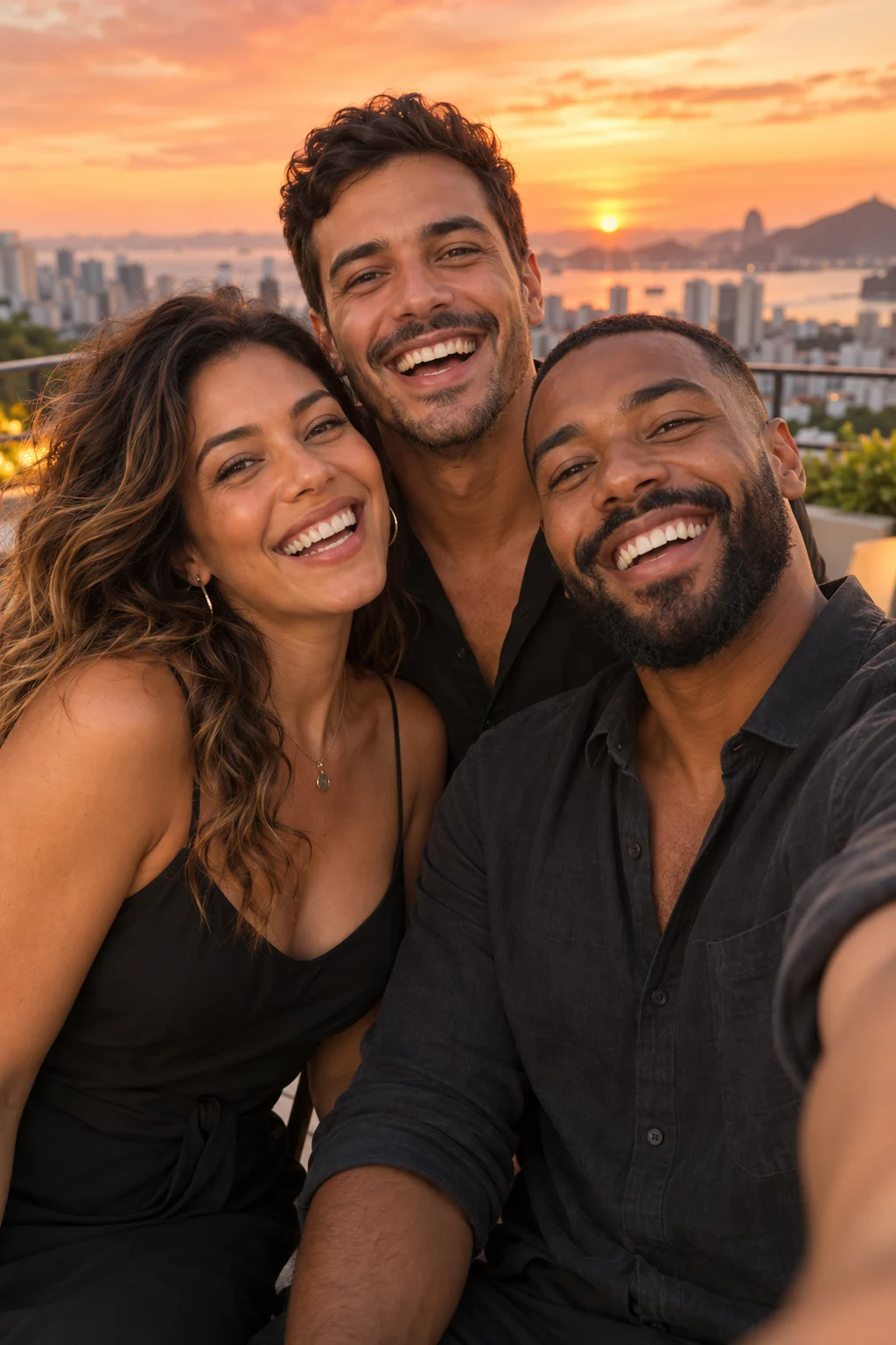 Amigos se divertindo juntos em um encontro ao pôr do sol